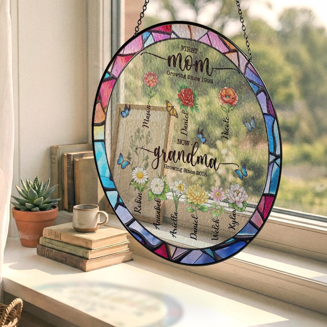 Personalized First Mom Now Grandma Stained Glass Suncatcher, Mother’s Day Gift, Custom Birth Flower Family Window Decor