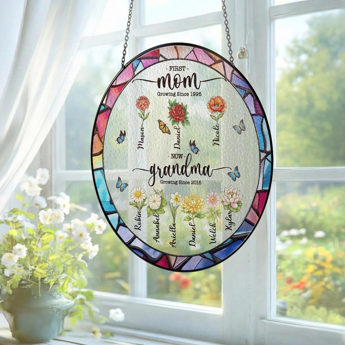 Personalized First Mom Now Grandma Stained Glass Suncatcher, Mother’s Day Gift, Custom Birth Flower Family Window Decor