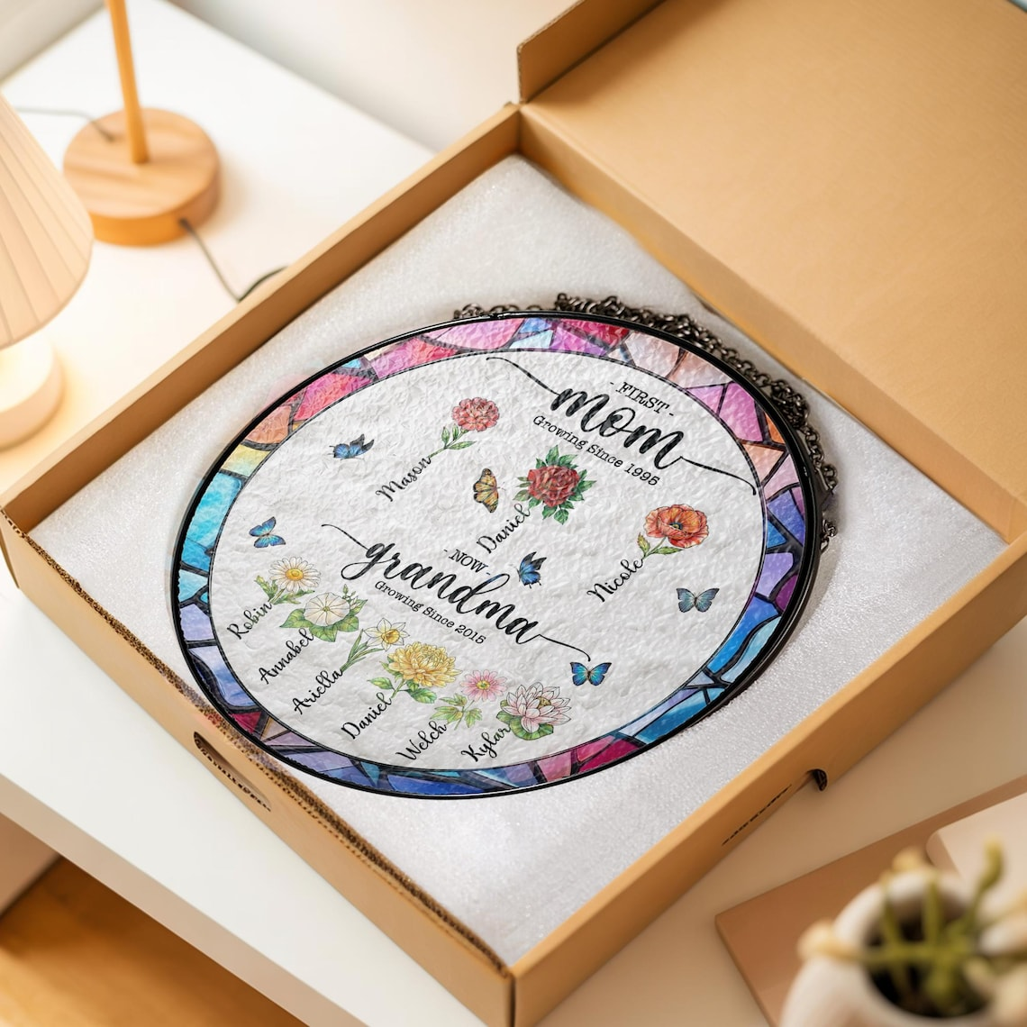 Personalized First Mom Now Grandma Stained Glass Suncatcher, Mother’s Day Gift, Custom Birth Flower Family Window Decor