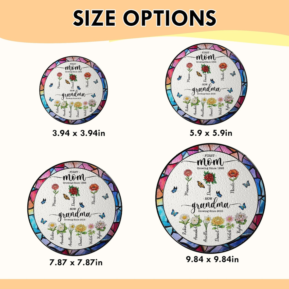 Personalized First Mom Now Grandma Stained Glass Suncatcher, Mother’s Day Gift, Custom Birth Flower Family Window Decor