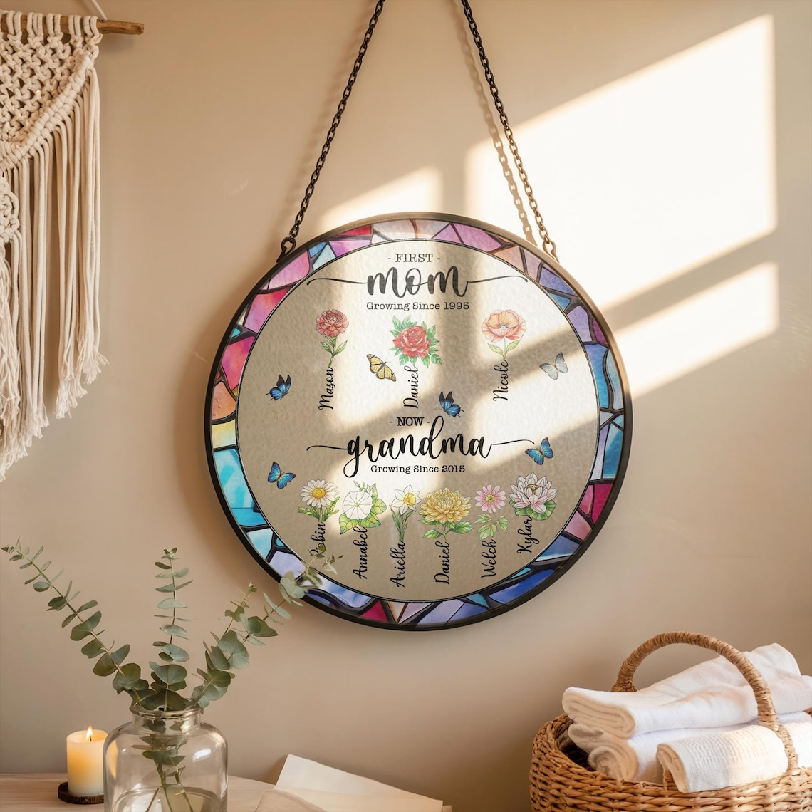 Personalized First Mom Now Grandma Stained Glass Suncatcher, Mother’s Day Gift, Custom Birth Flower Family Window Decor