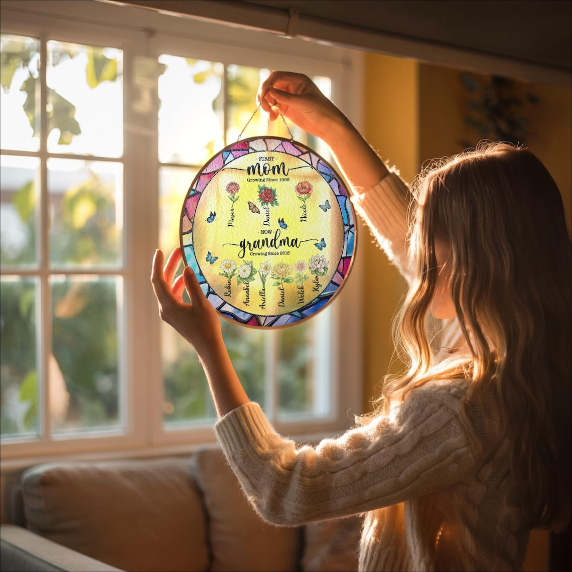 Personalized First Mom Now Grandma Stained Glass Suncatcher, Mother’s Day Gift, Custom Birth Flower Family Window Decor