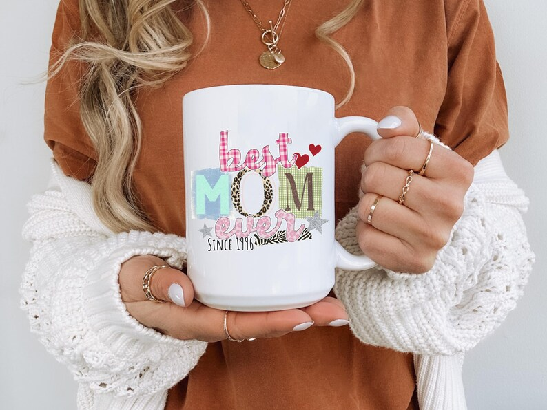 Personalized Mom Mug, Custom Year Best Mom Ever Gift, Patchwork Mother’s Day Coffee Cup 11oz 15oz
