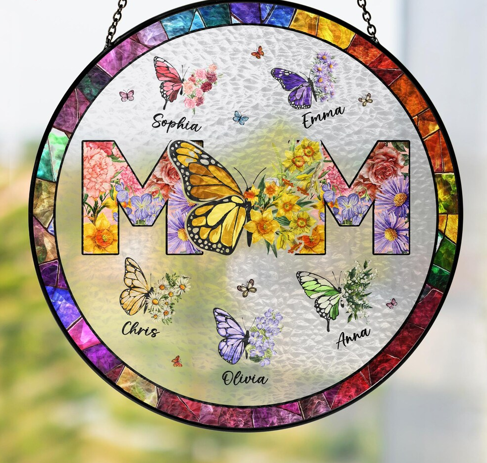 Personalized Mom Glass Suncatcher, Mothers Day Gift, Grandma Gifts From Grandkids, Custom Butterfly & Birth Month Flower with Kids’ Names