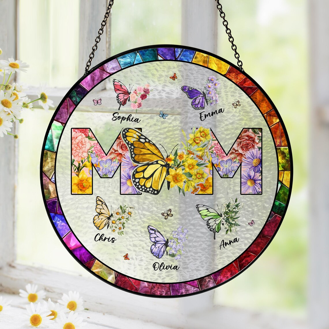 Personalized Mom Glass Suncatcher, Mothers Day Gift, Grandma Gifts From Grandkids, Custom Butterfly & Birth Month Flower with Kids’ Names