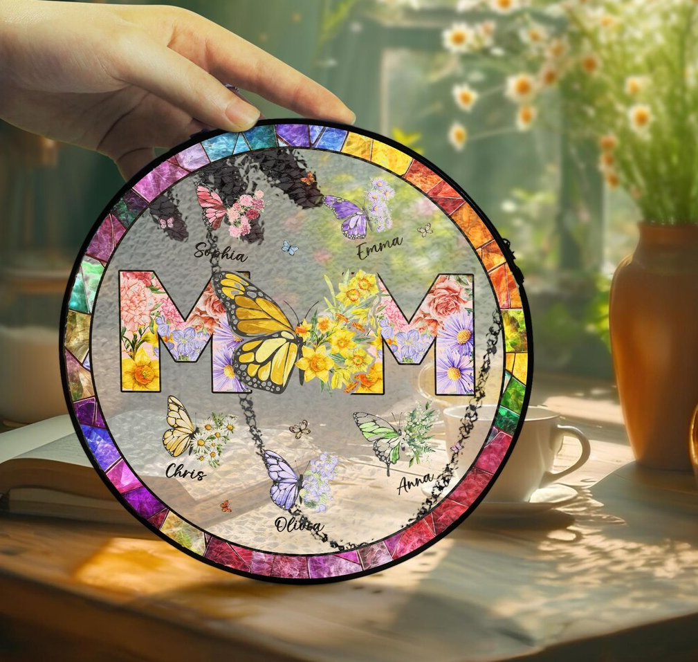 Personalized Mom Glass Suncatcher, Mothers Day Gift, Grandma Gifts From Grandkids, Custom Butterfly & Birth Month Flower with Kids’ Names