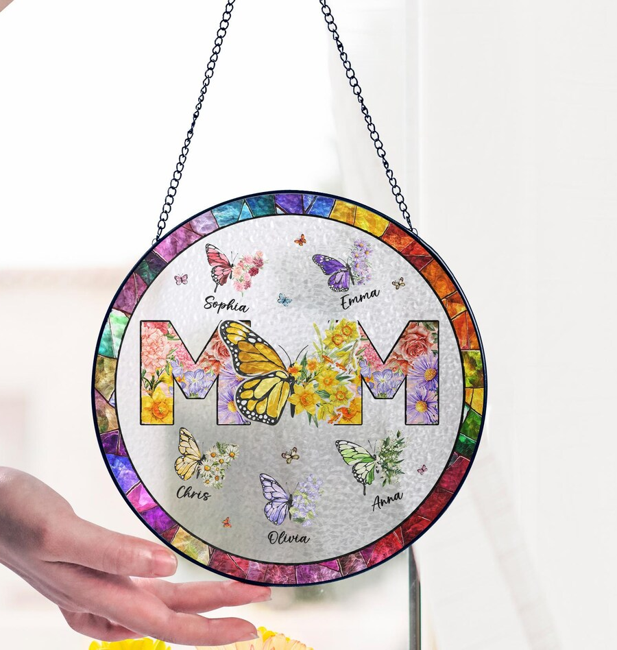 Personalized Mom Glass Suncatcher, Mothers Day Gift, Grandma Gifts From Grandkids, Custom Butterfly & Birth Month Flower with Kids’ Names