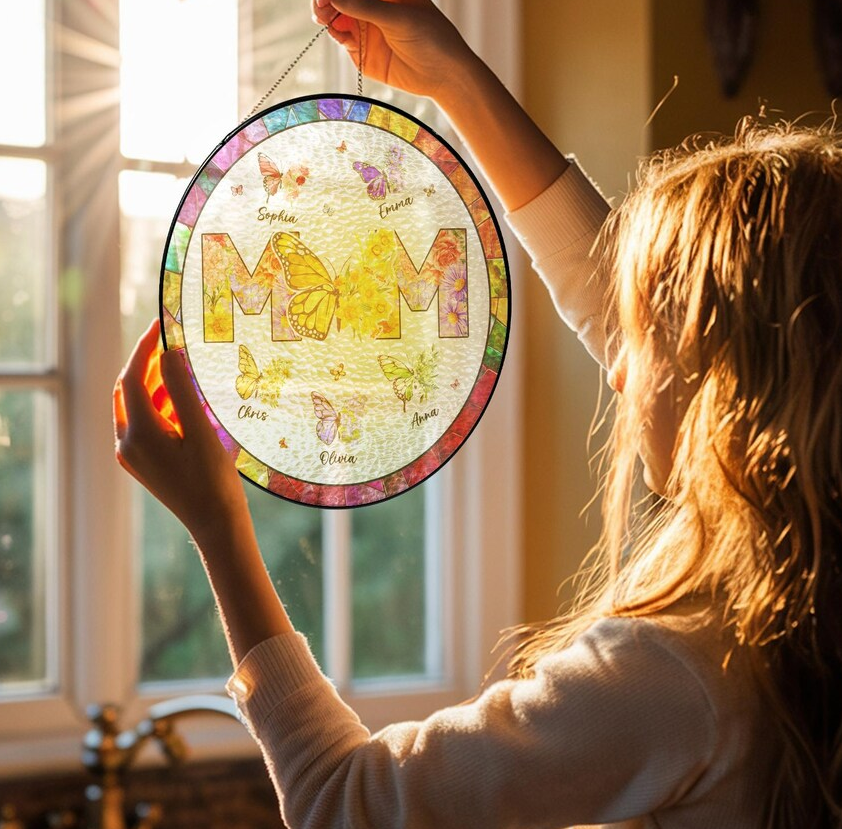 Personalized Mom Glass Suncatcher, Mothers Day Gift, Grandma Gifts From Grandkids, Custom Butterfly & Birth Month Flower with Kids’ Names