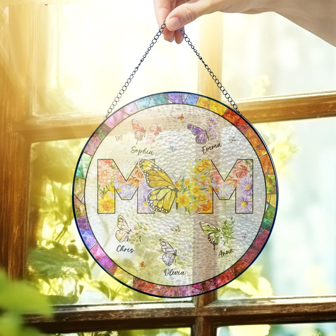 Personalized Mom Glass Suncatcher, Mothers Day Gift, Grandma Gifts From Grandkids, Custom Butterfly & Birth Month Flower with Kids’ Names