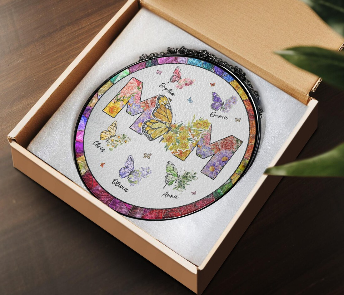 Personalized Mom Glass Suncatcher, Mothers Day Gift, Grandma Gifts From Grandkids, Custom Butterfly & Birth Month Flower with Kids’ Names