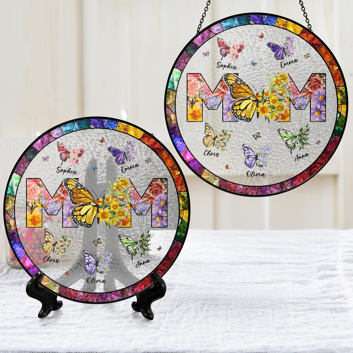 Personalized Mom Glass Suncatcher, Mothers Day Gift, Grandma Gifts From Grandkids, Custom Butterfly & Birth Month Flower with Kids’ Names