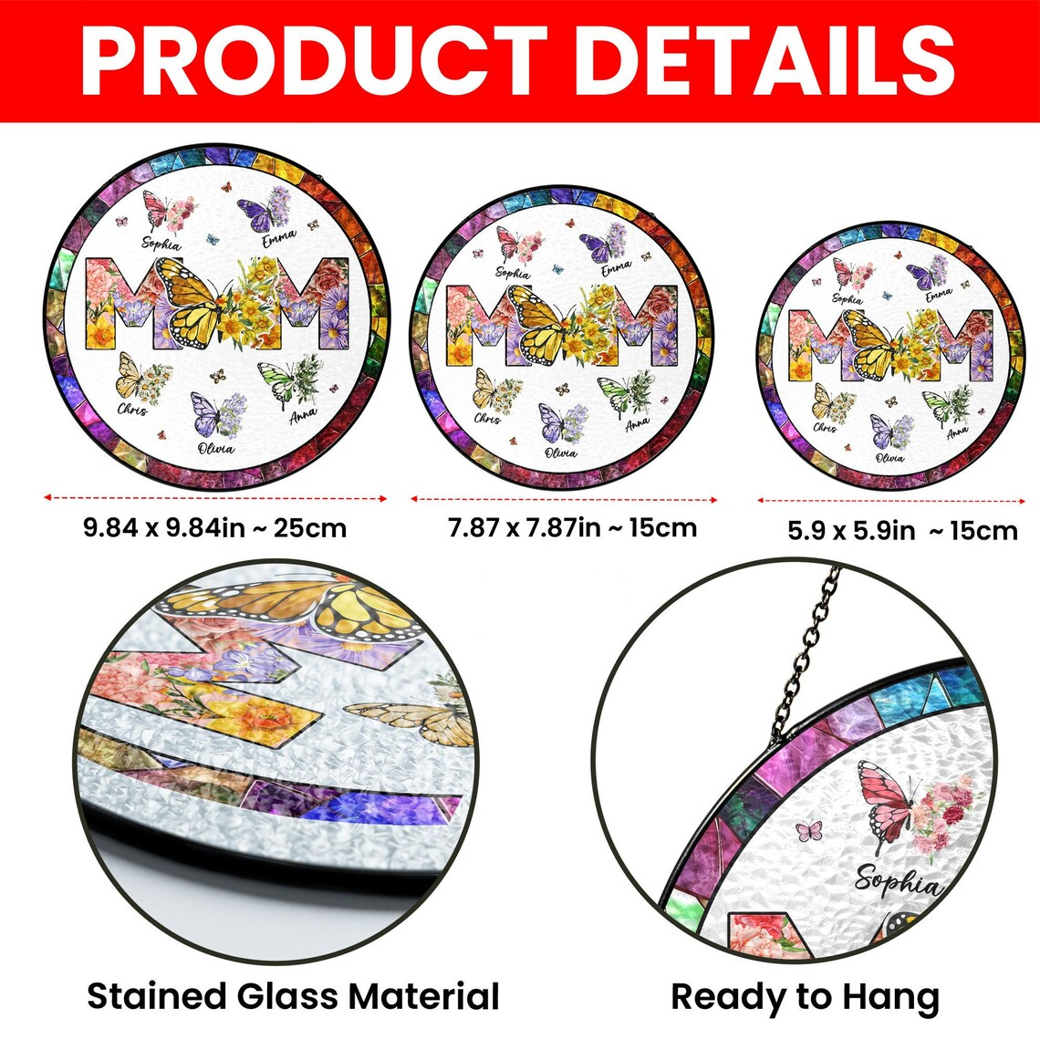 Personalized Mom Glass Suncatcher, Mothers Day Gift, Grandma Gifts From Grandkids, Custom Butterfly & Birth Month Flower with Kids’ Names