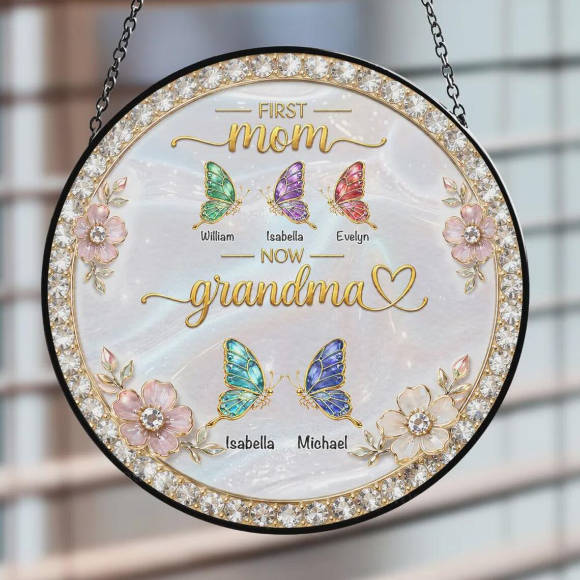Personalized First Mom Now Grandma Acrylic Suncatcher, Custom Name Mommy And Kid Hanging Suncatcher, Mother's Day Window Decor, Gift For Mom