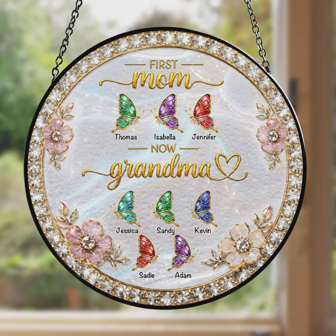 Personalized First Mom Now Grandma Acrylic Suncatcher, Custom Name Mommy And Kid Hanging Suncatcher, Mother's Day Window Decor, Gift For Mom