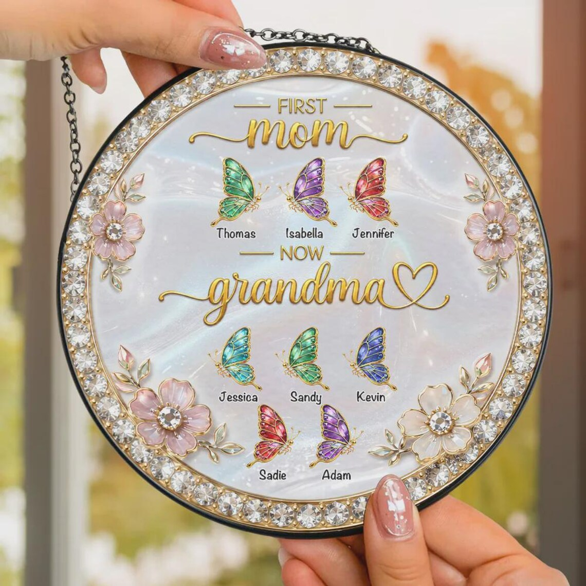 Personalized First Mom Now Grandma Acrylic Suncatcher, Custom Name Mommy And Kid Hanging Suncatcher, Mother's Day Window Decor, Gift For Mom
