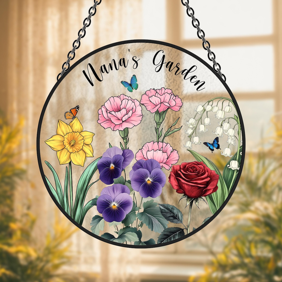 Custom Family Birth Flowers Glass Suncatcher, Personalized Flower Glass Art, Mom's Garden Gift, Mother's Day Gift, Gift for Her, Home Decor