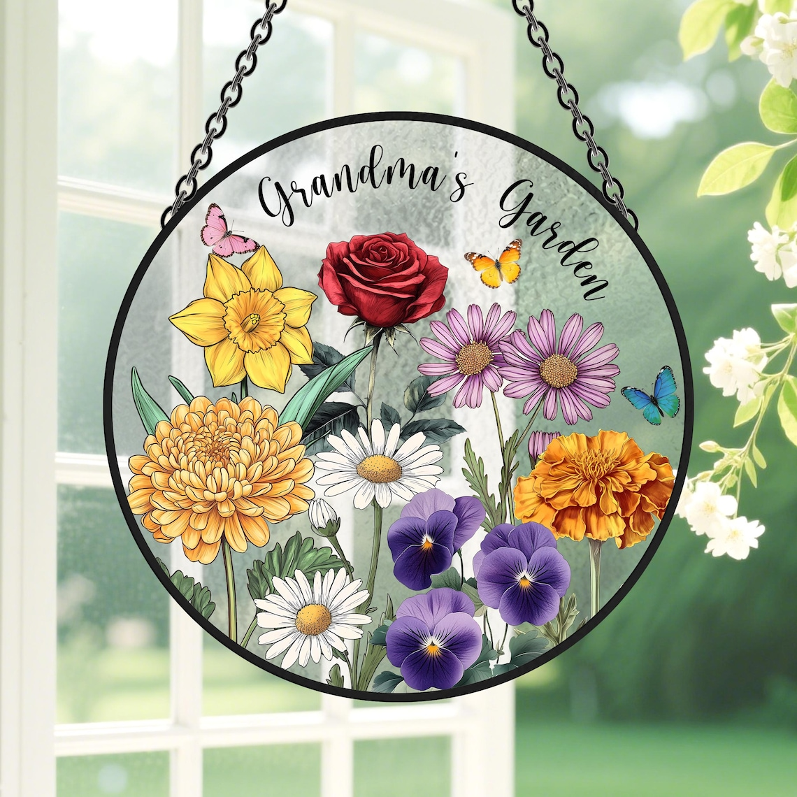 Custom Family Birth Flowers Glass Suncatcher, Personalized Flower Glass Art, Mom's Garden Gift, Mother's Day Gift, Gift for Her, Home Decor