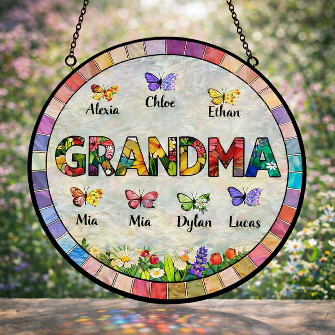 Personalized Grandma Glass Suncatcher, Mother's Day Gift for Grandma, Custom Butterfly & Birth Month Flower with Grandkids’ Names, Mom Gifts