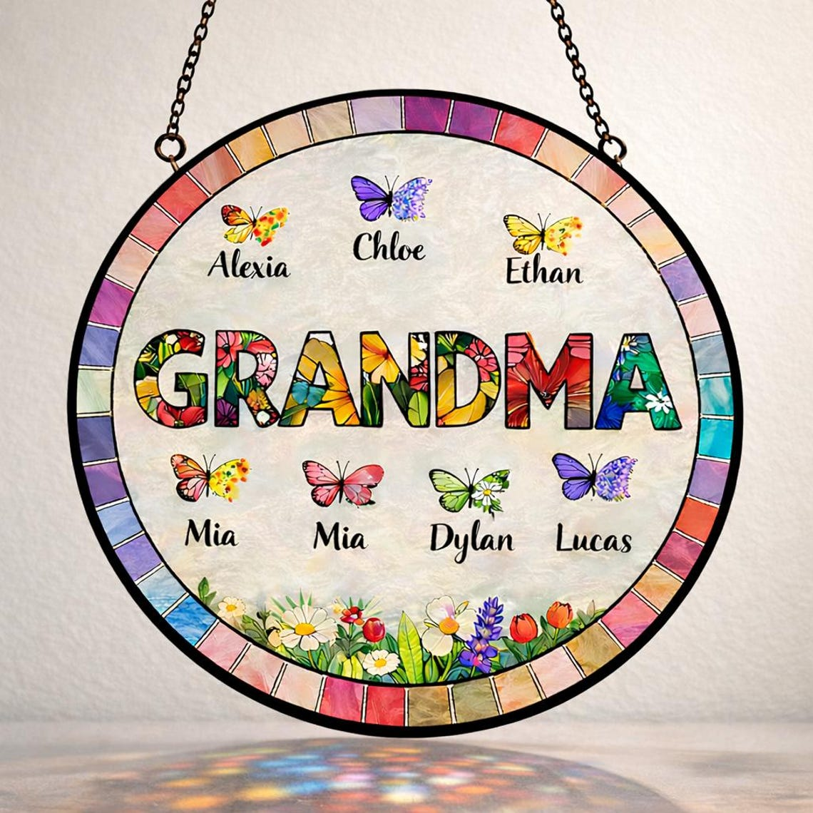 Personalized Grandma Glass Suncatcher, Mother's Day Gift for Grandma, Custom Butterfly & Birth Month Flower with Grandkids’ Names, Mom Gifts