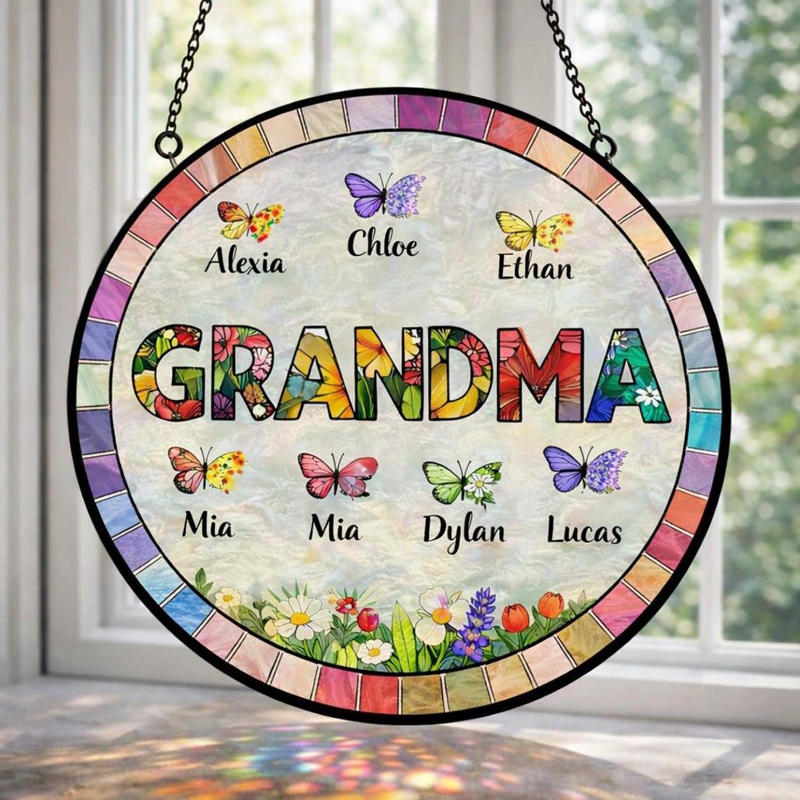 Personalized Grandma Glass Suncatcher, Mother's Day Gift for Grandma, Custom Butterfly & Birth Month Flower with Grandkids’ Names, Mom Gifts