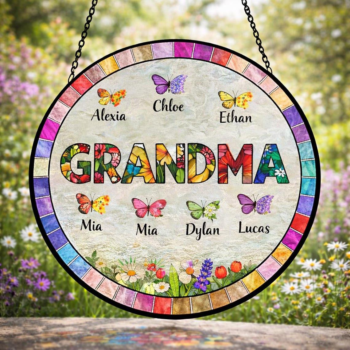 Personalized Grandma Glass Suncatcher, Mother's Day Gift for Grandma, Custom Butterfly & Birth Month Flower with Grandkids’ Names, Mom Gifts