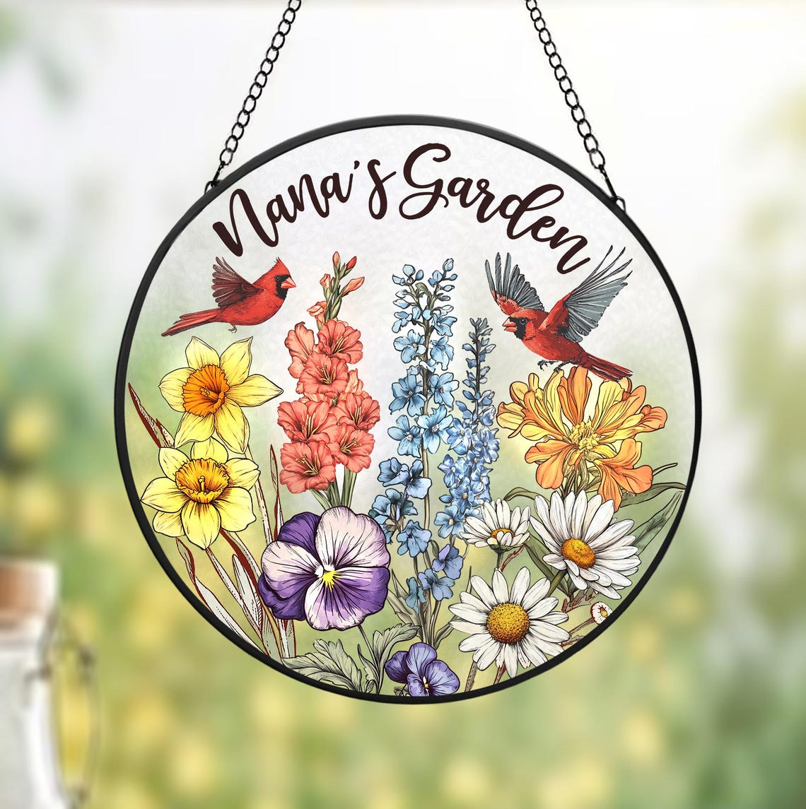 Custom Birth Flowers Glass Suncatcher, Cardinal Birth Flowers Gift, Mom's Garden Gift, Gift For Mom, Gift For Grandma, Flower Glass Art