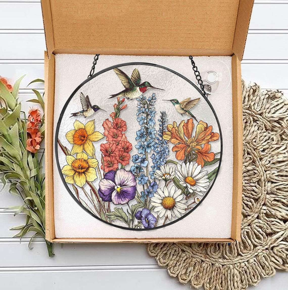 Custom Birth Flowers Glass Suncatcher, Cardinal Birth Flowers Gift, Mom's Garden Gift, Gift For Mom, Gift For Grandma, Flower Glass Art