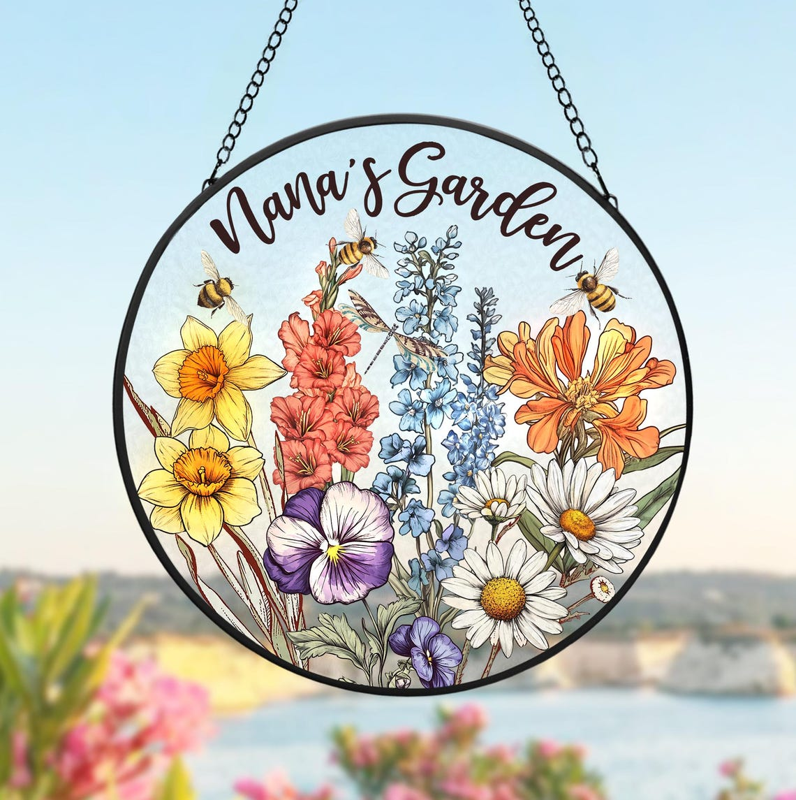 Custom Birth Flowers Glass Suncatcher, Cardinal Birth Flowers Gift, Mom's Garden Gift, Gift For Mom, Gift For Grandma, Flower Glass Art