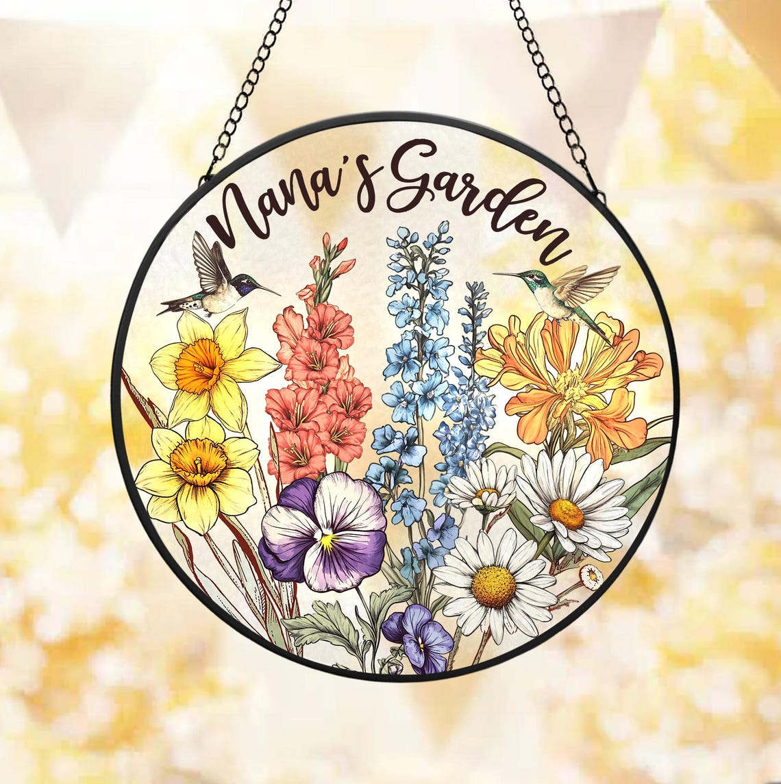 Custom Birth Flowers Glass Suncatcher, Cardinal Birth Flowers Gift, Mom's Garden Gift, Gift For Mom, Gift For Grandma, Flower Glass Art