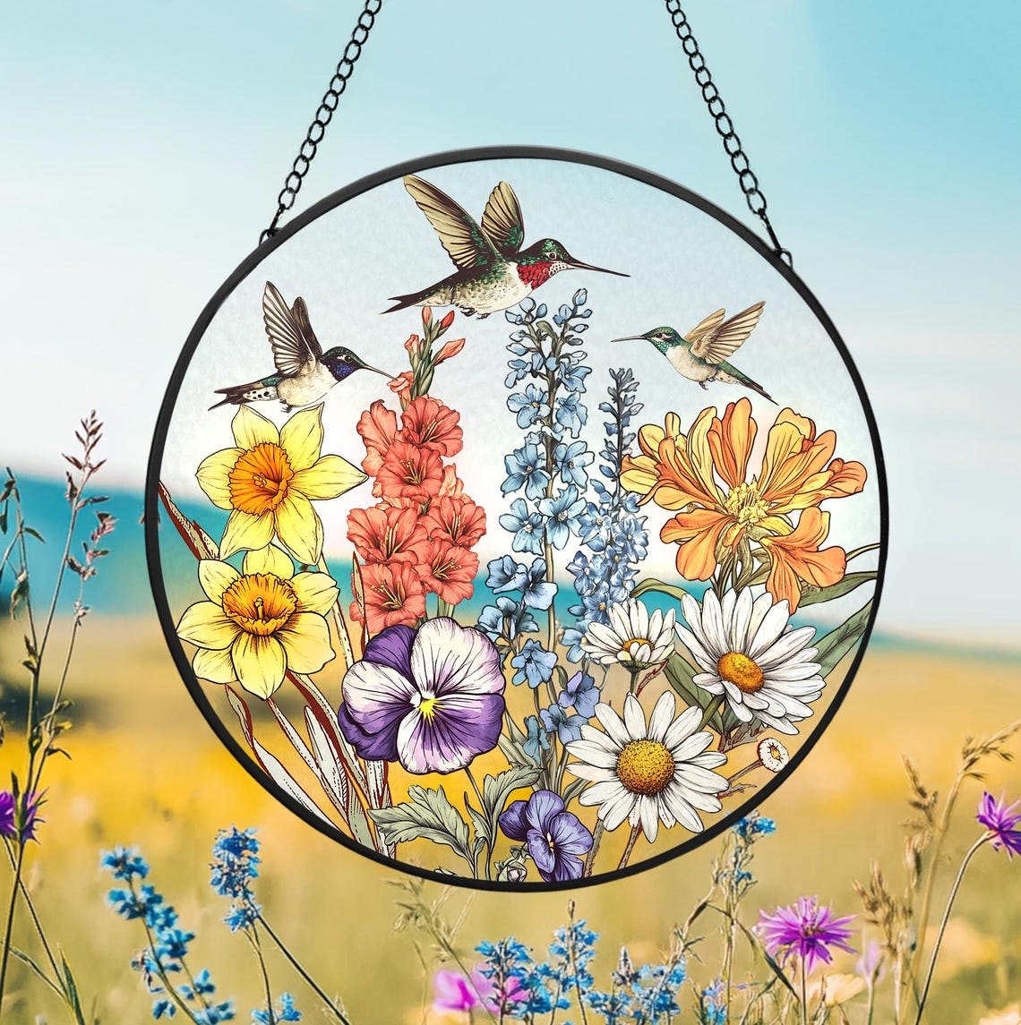 Custom Birth Flowers Glass Suncatcher, Cardinal Birth Flowers Gift, Mom's Garden Gift, Gift For Mom, Gift For Grandma, Flower Glass Art