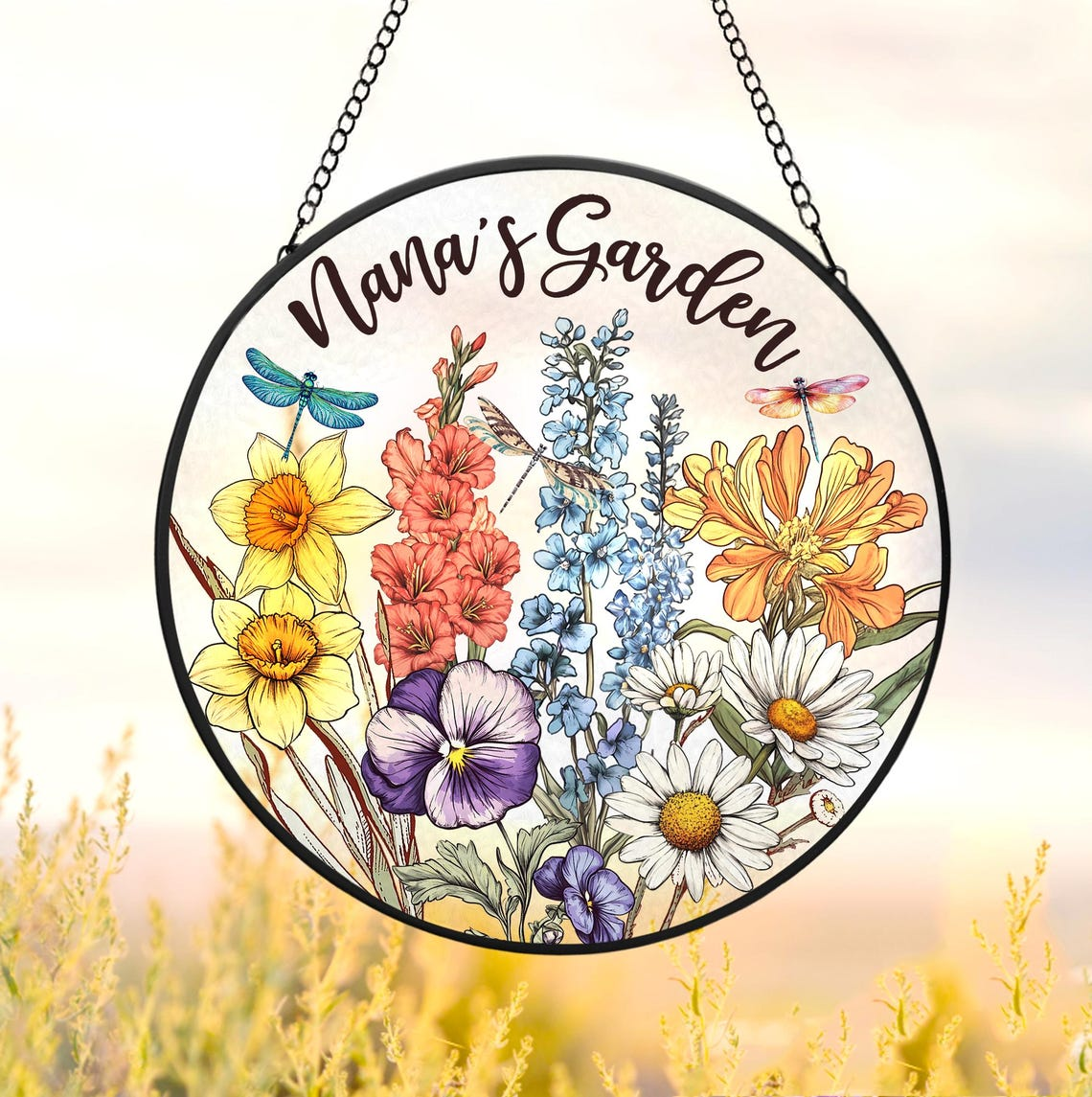 Custom Birth Flowers Glass Suncatcher, Cardinal Birth Flowers Gift, Mom's Garden Gift, Gift For Mom, Gift For Grandma, Flower Glass Art