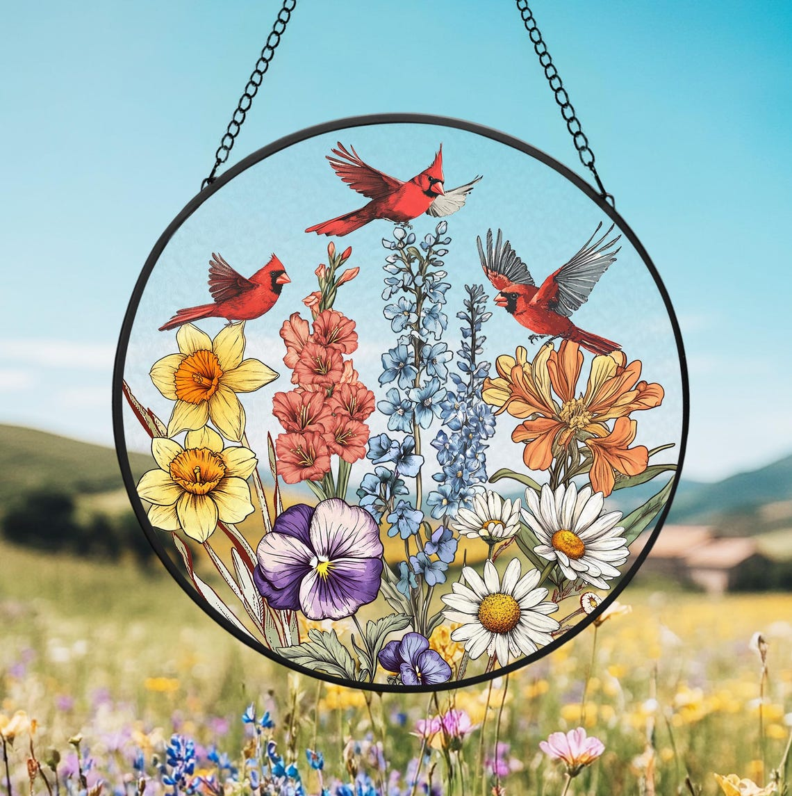 Custom Birth Flowers Glass Suncatcher, Cardinal Birth Flowers Gift, Mom's Garden Gift, Gift For Mom, Gift For Grandma, Flower Glass Art