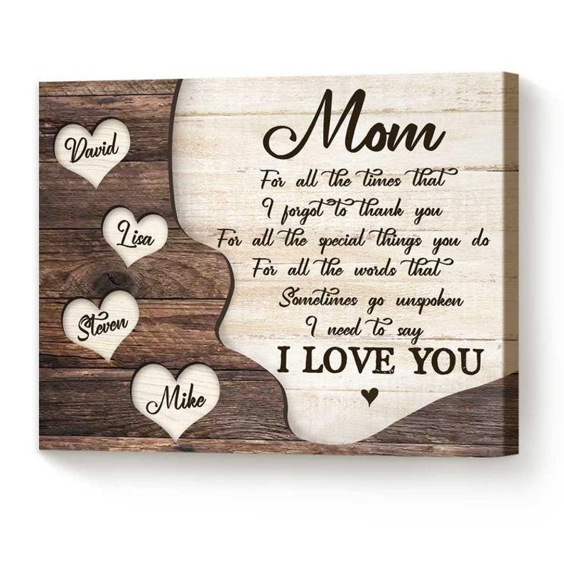 Personalized Mom I Love You Canvas Print, Custom Kids Names Heart Art