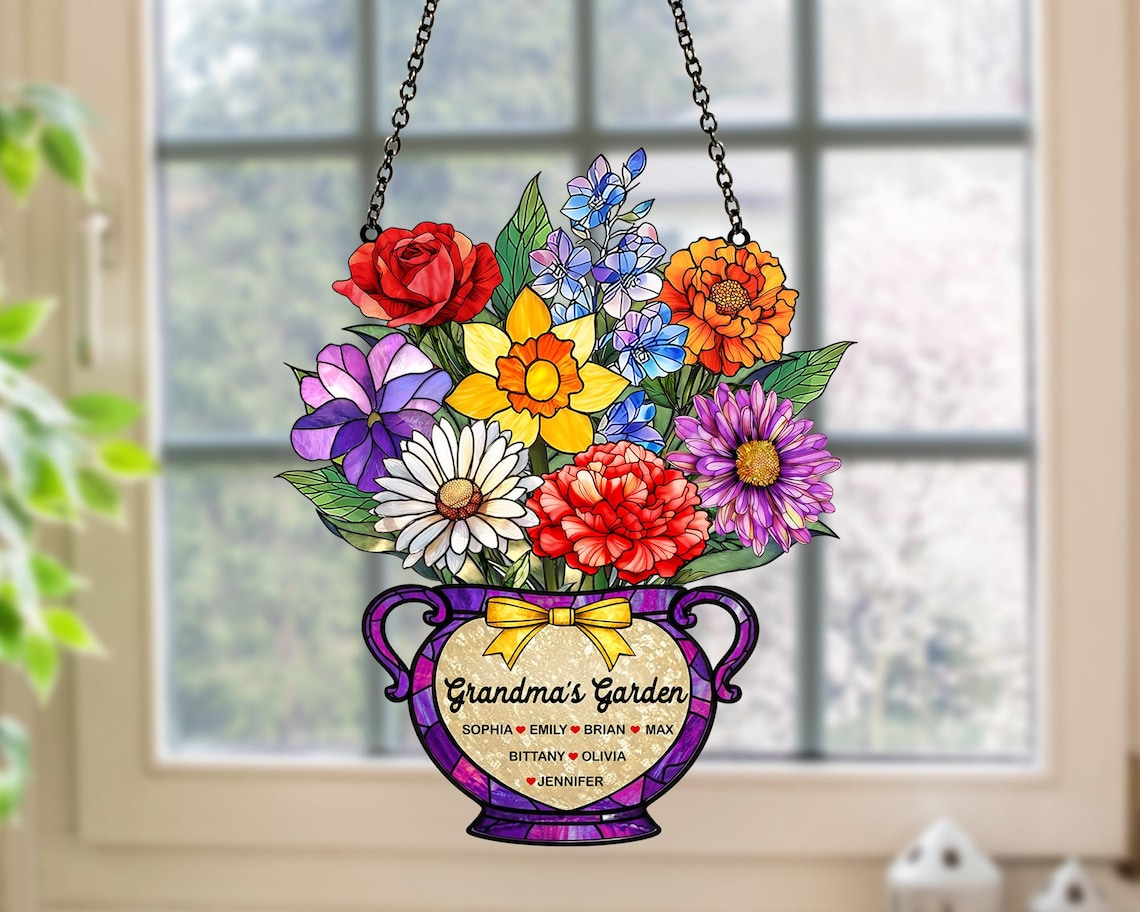 Personalized Grandma's Garden Suncatcher, Mothers Day Gift for Grandma, Birth Month Flower Acrylic Suncatcher Window Hanging, Gift for Mom