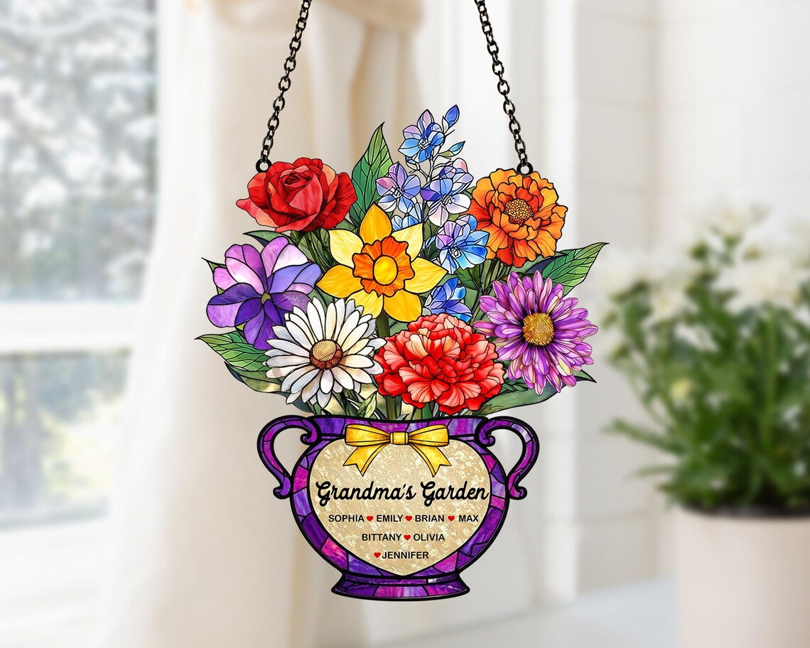 Personalized Grandma's Garden Suncatcher, Mothers Day Gift for Grandma, Birth Month Flower Acrylic Suncatcher Window Hanging, Gift for Mom