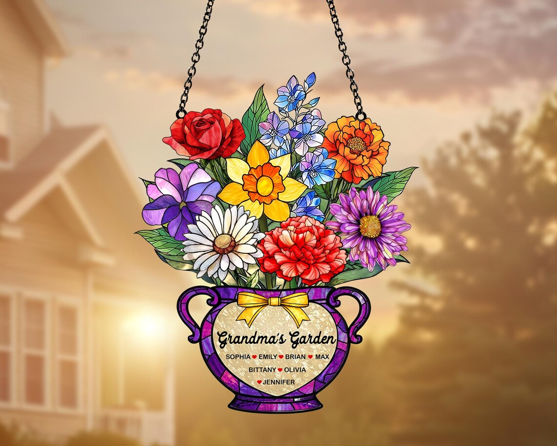 Personalized Grandma's Garden Suncatcher, Mothers Day Gift for Grandma, Birth Month Flower Acrylic Suncatcher Window Hanging, Gift for Mom