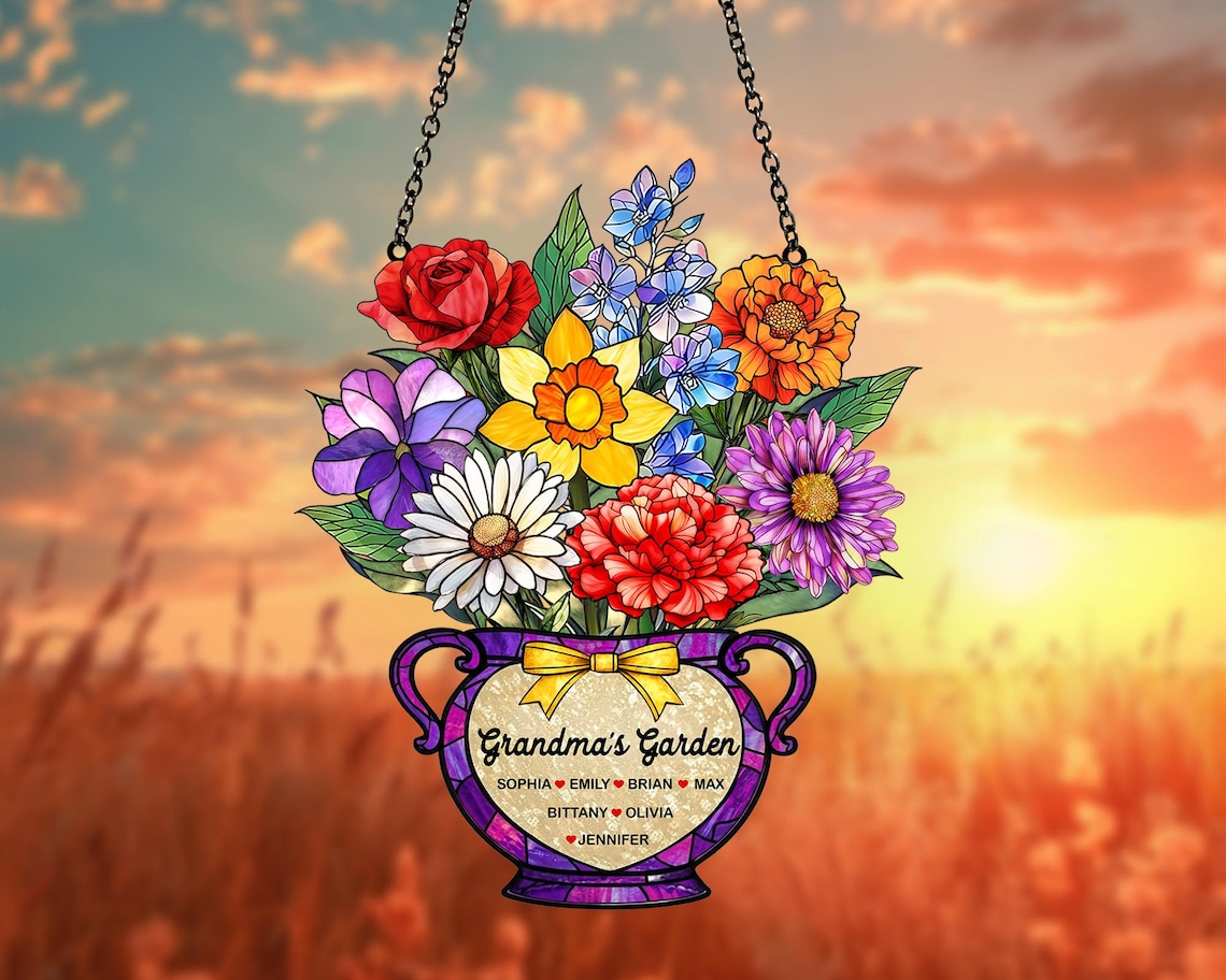 Personalized Grandma's Garden Suncatcher, Mothers Day Gift for Grandma, Birth Month Flower Acrylic Suncatcher Window Hanging, Gift for Mom