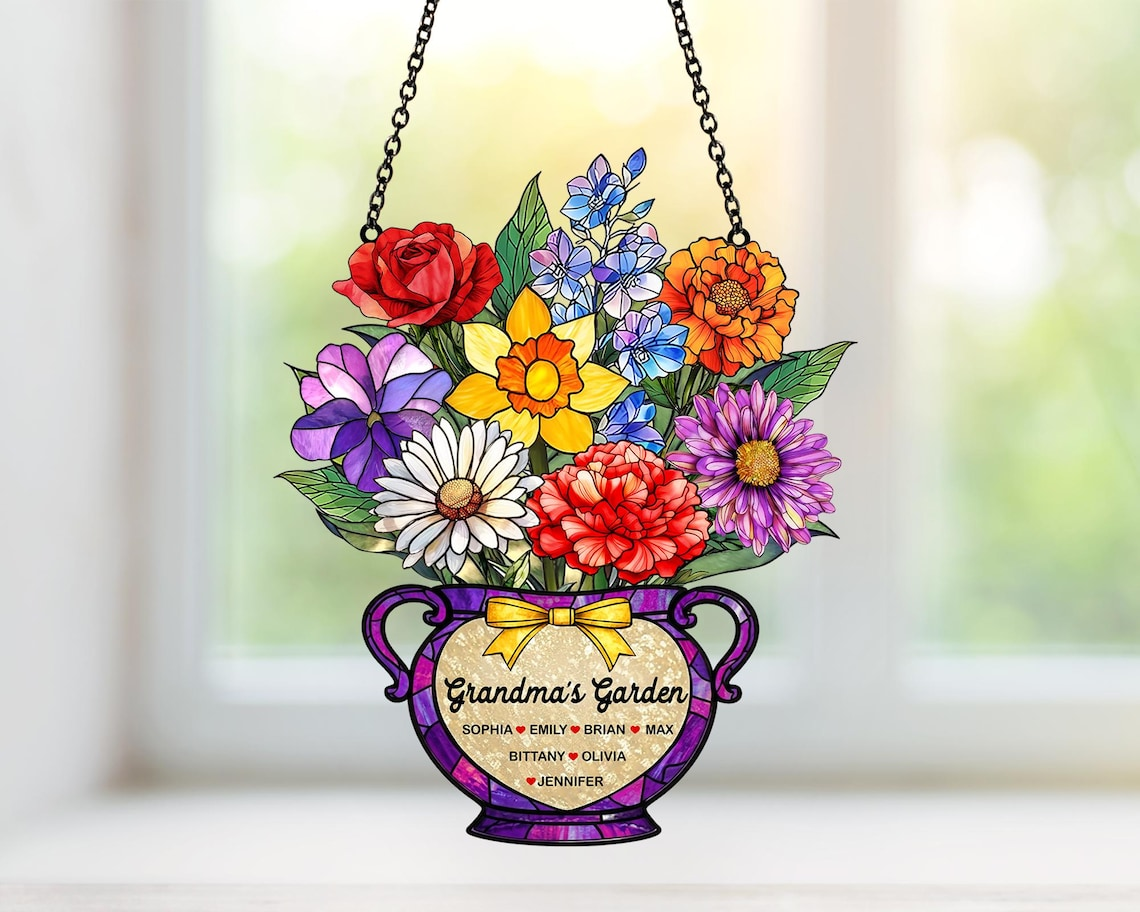 Personalized Grandma's Garden Suncatcher, Mothers Day Gift for Grandma, Birth Month Flower Acrylic Suncatcher Window Hanging, Gift for Mom
