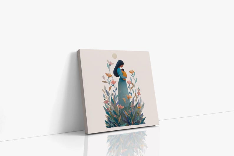 Mother and Baby Canvas Print, Minimal Floral Nursery Decor