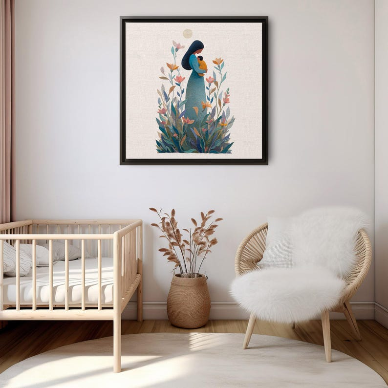 Mother and Baby Canvas Print, Minimal Floral Nursery Decor