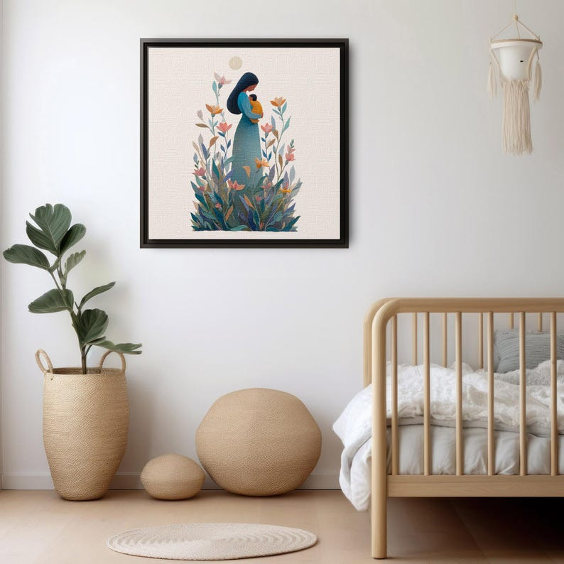 Mother and Baby Canvas Print, Minimal Floral Nursery Decor
