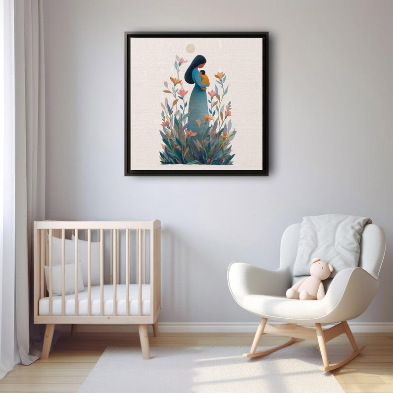 Mother and Baby Canvas Print, Minimal Floral Nursery Decor