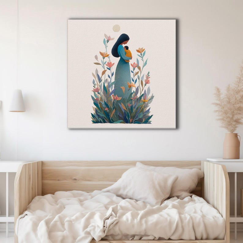 Mother and Baby Canvas Print, Minimal Floral Nursery Decor