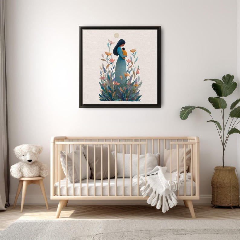 Mother and Baby Canvas Print, Minimal Floral Nursery Decor