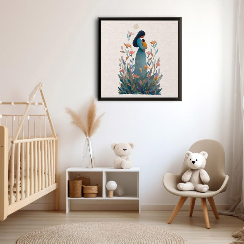 Mother and Baby Canvas Print, Minimal Floral Nursery Decor