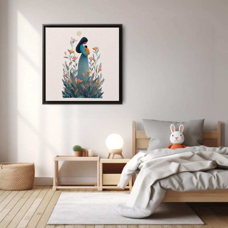 Mother and Baby Canvas Print, Minimal Floral Nursery Decor
