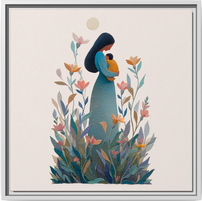 Mother and Baby Canvas Print, Minimal Floral Nursery Decor