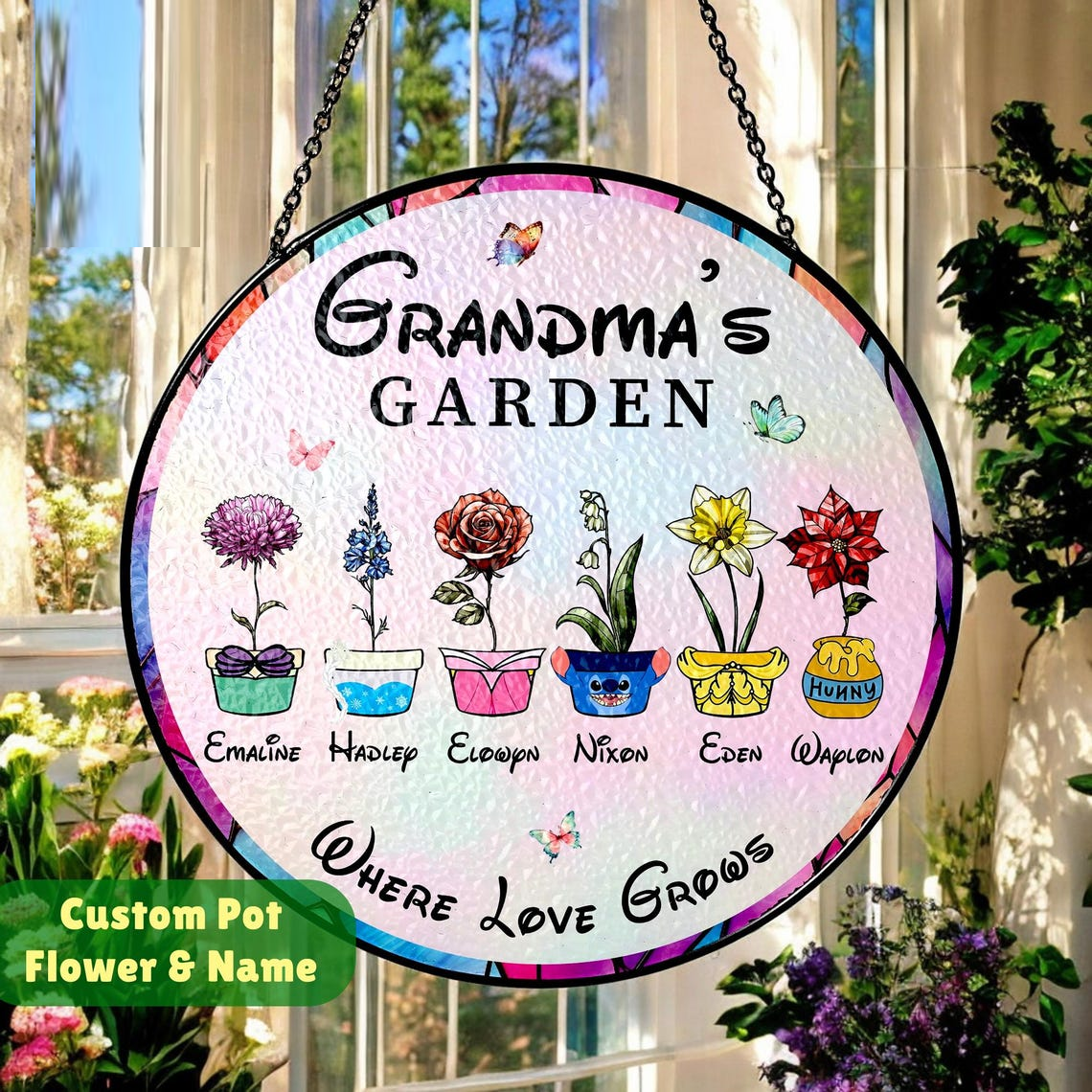 Personalized Grandma's Garden Disney Birth Month Flower Stained Glass Suncatcher, Mothers Day Birthday Gift for Mom Nana Mimi From Grandkids