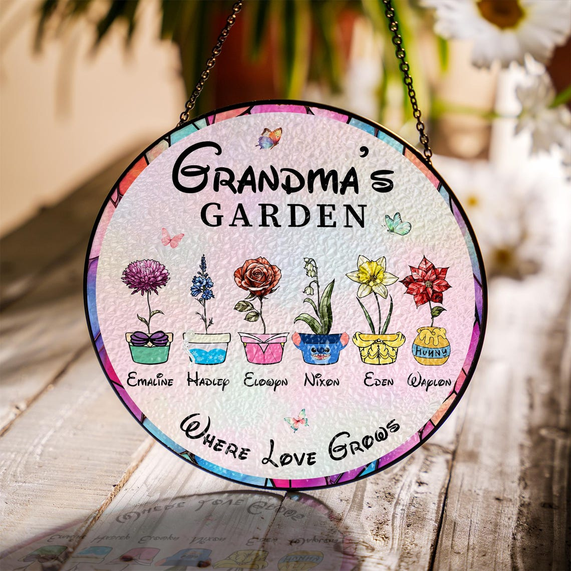 Personalized Grandma's Garden Disney Birth Month Flower Stained Glass Suncatcher, Mothers Day Birthday Gift for Mom Nana Mimi From Grandkids