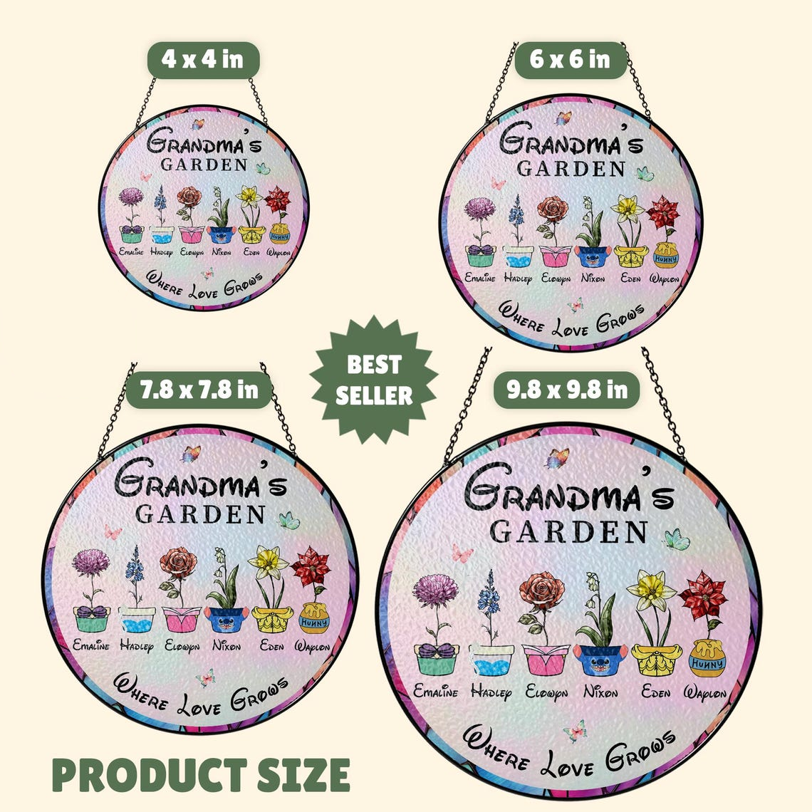 Personalized Grandma's Garden Disney Birth Month Flower Stained Glass Suncatcher, Mothers Day Birthday Gift for Mom Nana Mimi From Grandkids